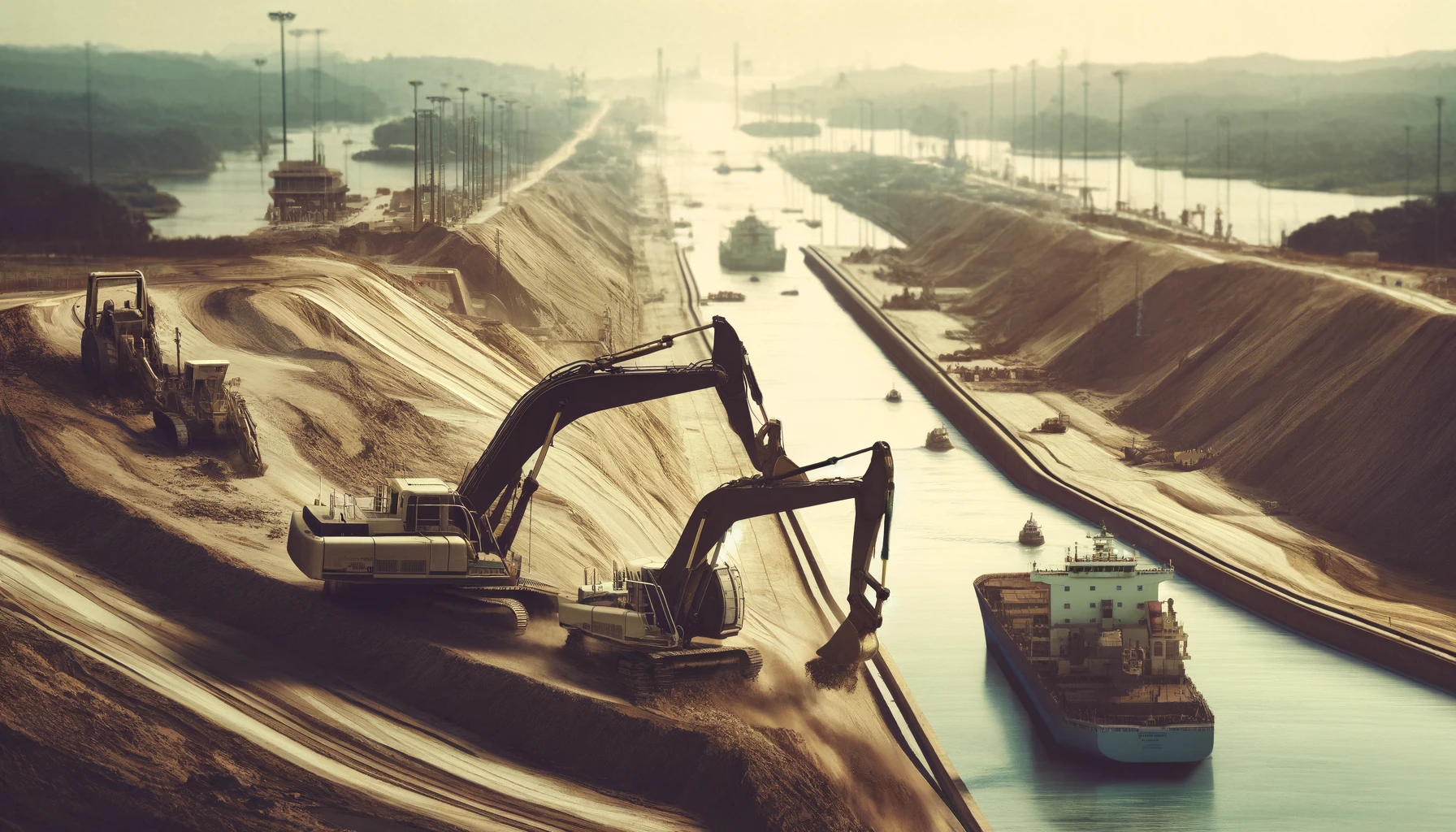 DALL·E 2024-04-29 19.13.45 - A realistic scene showing fewer excavators, about two, working on expanding the edges of an already completed Panama Canal, styled as a 35mm film phot