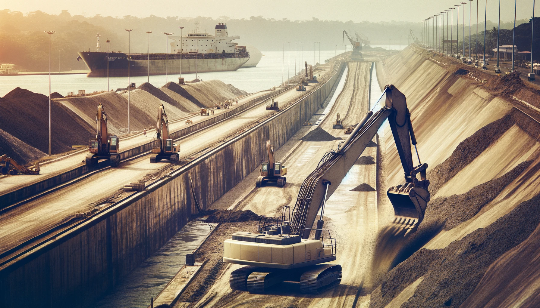 DALL·E 2024-04-29 19.15.55 - A realistic scene showing fewer excavators, about two, working on expanding the edges of an already completed Panama Canal, styled as a 35mm film phot