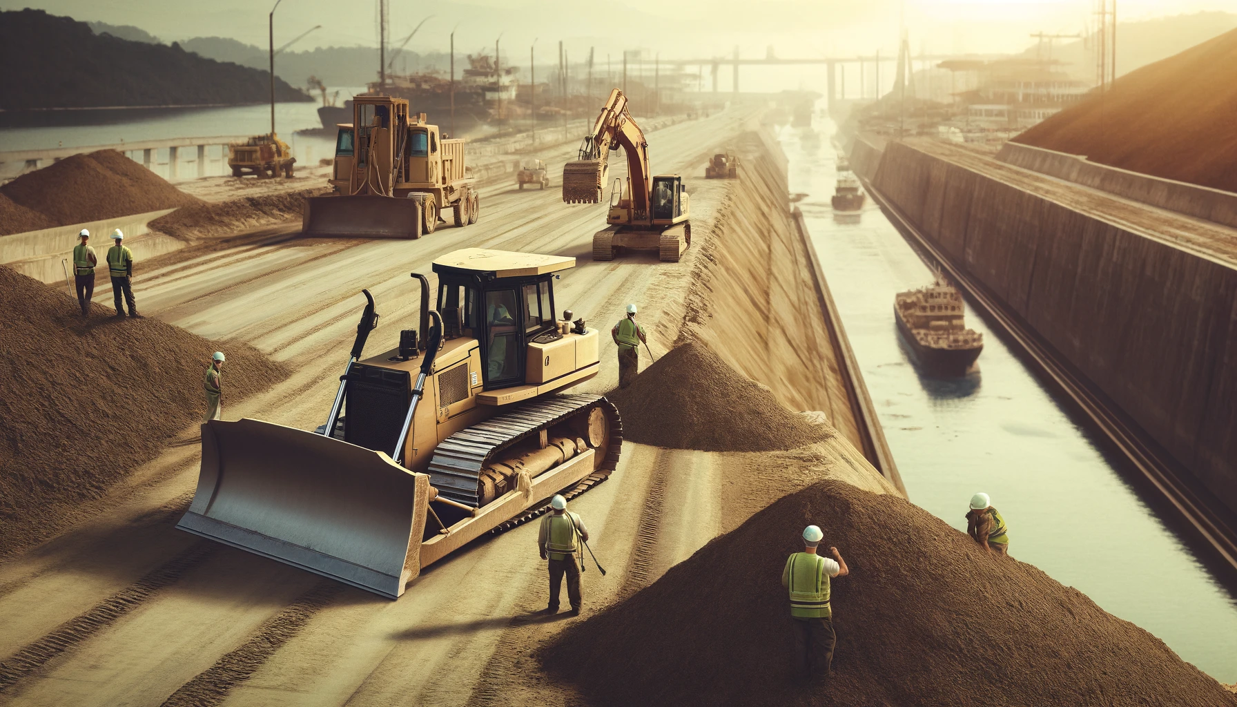 DALL·E 2024-04-29 19.18.04 - A realistic scene featuring a bulldozer and an excavator working on expanding the edges of an already completed Panama Canal, styled as a 35mm film ph