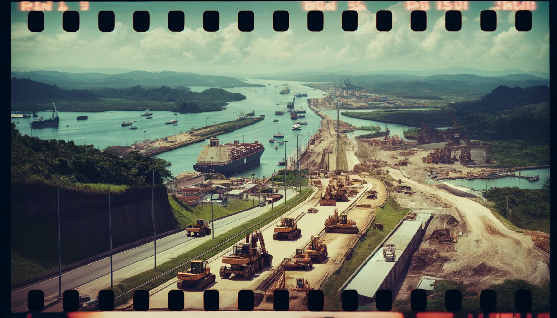 DALL·E 2024-04-29 19.44.31 - A panoramic 35mm film style photograph capturing the entire Panama Canal with heavy machinery working on its expansion. The view is from a distance, s